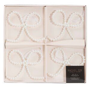4 pc Rachel Zoe White Faux Pearl Bow Christmas Ornament Set Holidays 5" NEW